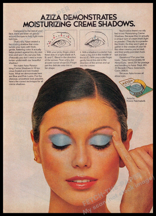 Aziza 1970s Print Advertisement 1977 Creme Shadows Blue Eye Shadow Aziza