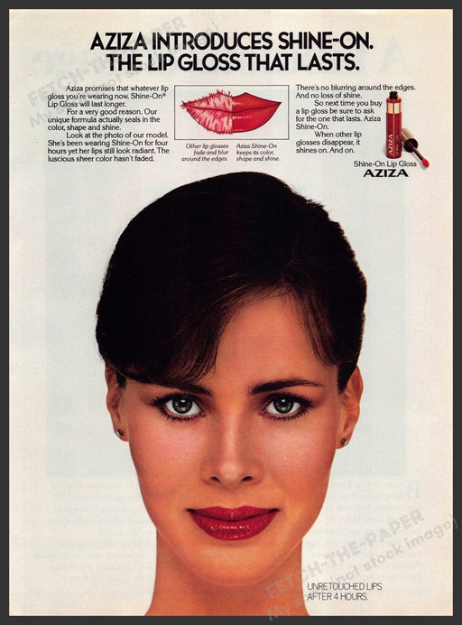 Aziza Cosmetics 1980s Print Advertisement 1981 Lip Gloss That Lasts Aziza