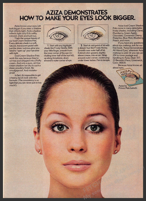 Aziza Eyes 1970s Print Advertisement 1976 Make Your Eyes Look Bigger Fetch-the-Paper