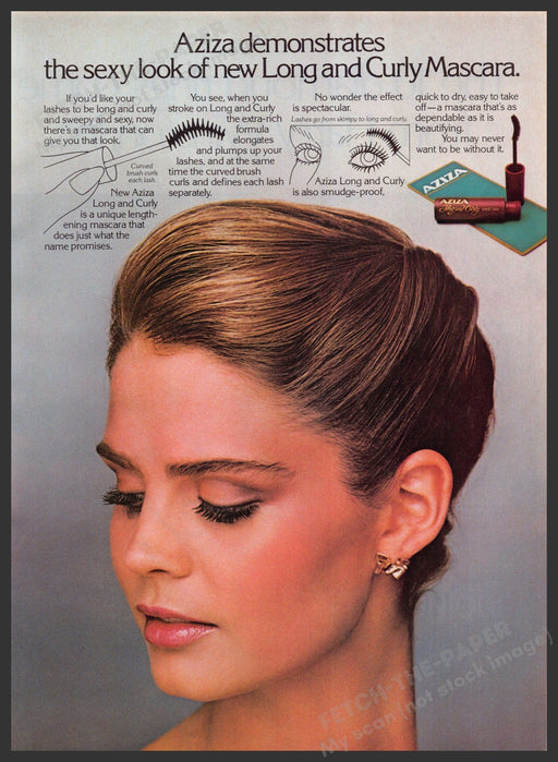 Aziza Long & Curly Mascara 1980s Print Advertisement 1982 Fetch-the-Paper
