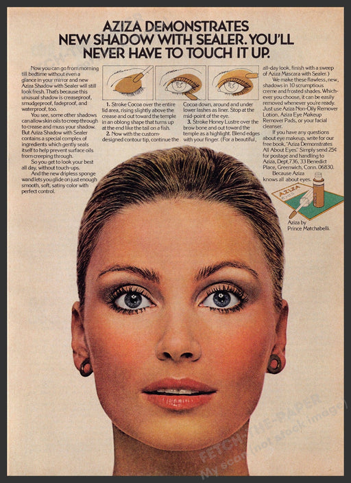 Aziza Shadow 1970s Print Advertisement 1977 Eyes Face Never Touch Up Fetch-the-Paper