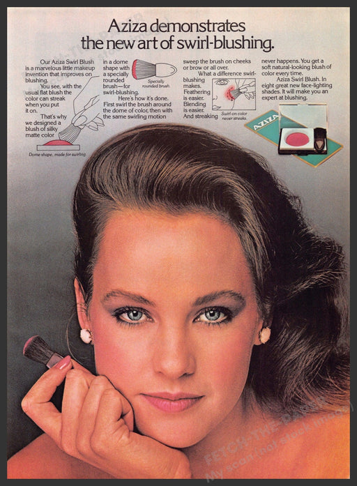 Aziza Swirl Blushing 1980s Print Advertisement 1982 Cosmetics Fetch-the-Paper