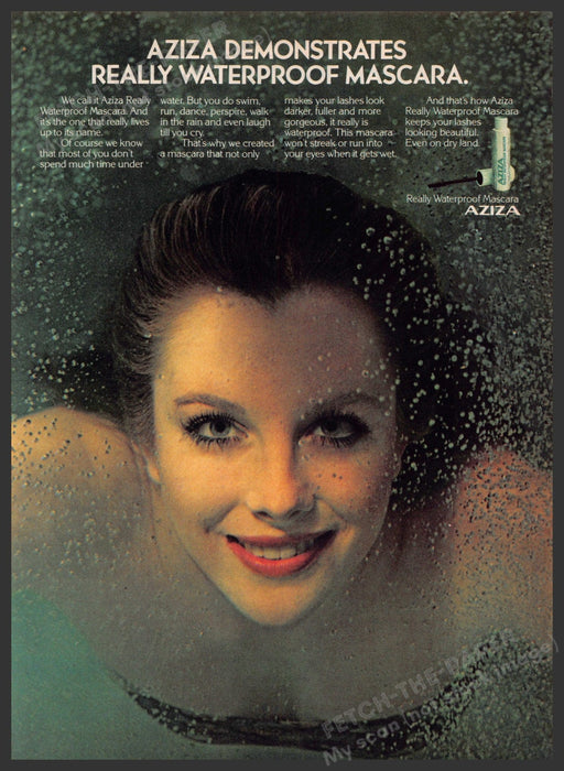 Aziza Waterproof Mascara 1980s Print Advertisement 1982 Model Underwater Fetch-the-Paper