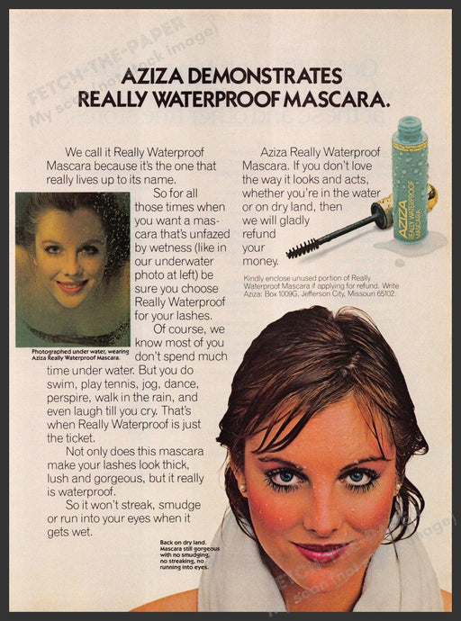 Aziza Waterproof Mascara 1980s Print Advertisement 1983 Swimming Model Fetch-the-Paper