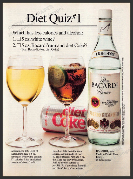 Bacardi 1980s Magazine Print Advertisement 1985 Diet Quiz #1 Recipe Diet Coke Bacardi
