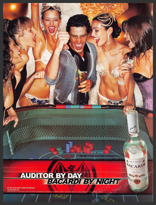 Bacardi 2000s Print Advertisement 2003 "Auditor by Day" Show Girls Craps Gamble Fetch-the-Paper