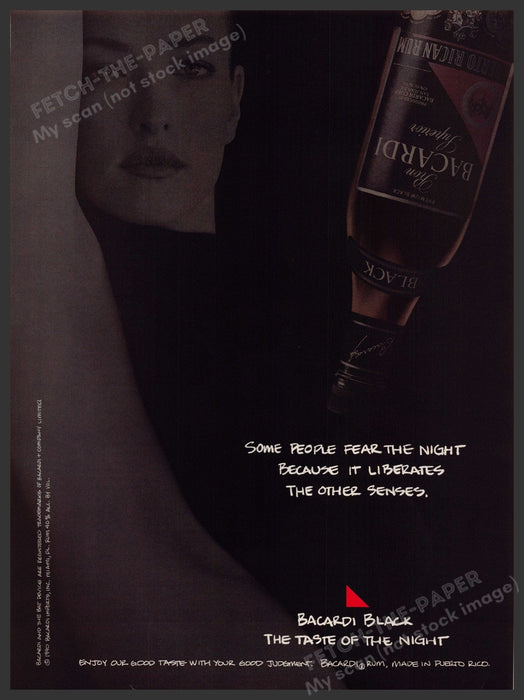 Bacardi Black 1990s Print Advertisement 1990 "The night liberates other senses" Fetch-the-Paper
