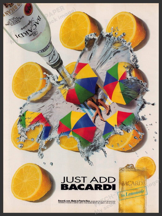 Bacardi Rum 1990s Print Advertisement Ad 1992 Beach Lemonade Umbrellas Couple Fetch-the-Paper