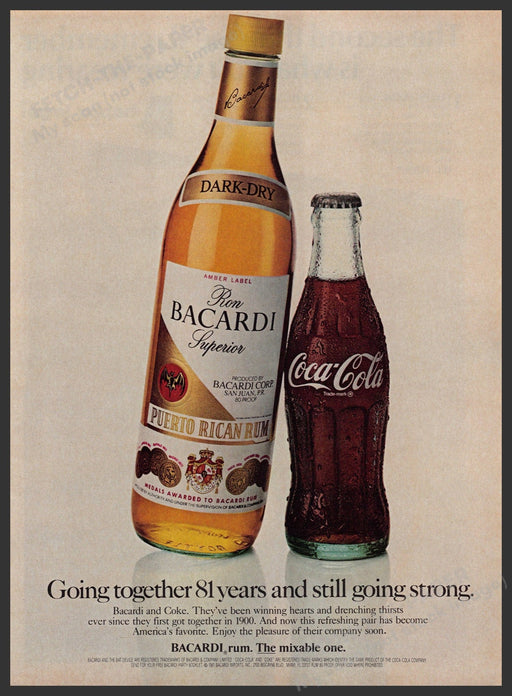 Bacardi Rum & Coke 1980s Print Advertisement 1981 Bottles Fetch-the-Paper