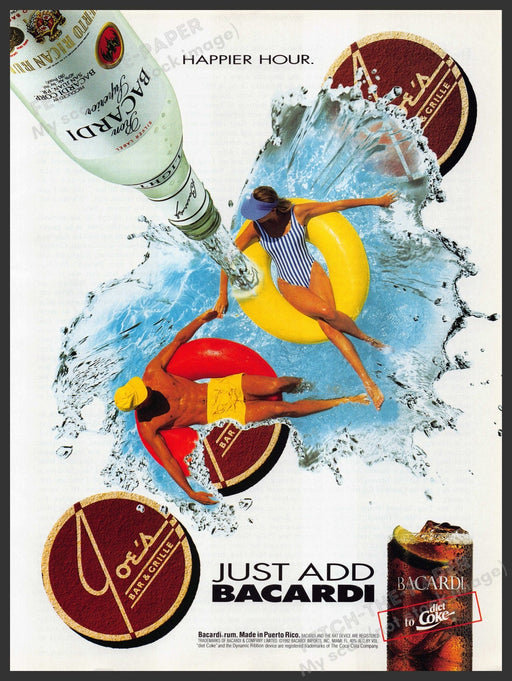 Bacardi Rum "Happier Hour" 1990s Print Advertisement Ad 1992 Fetch the Paper!