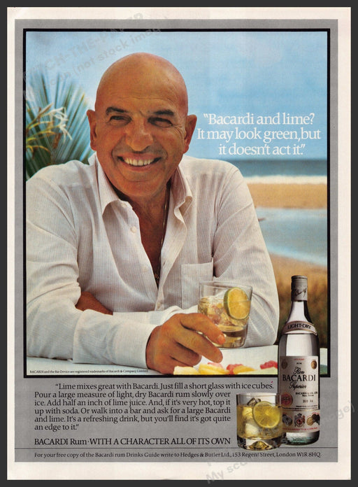 Bacardi Rum Telly Savalas 1980s Print Advertisement Ad 1982 Lime Bit Green Fetch the Paper!