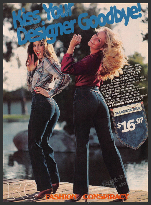 Backsiders Jeans 1980s Print Advertisement 1981 Rear Legs Cute Girls Fetch-the-Paper