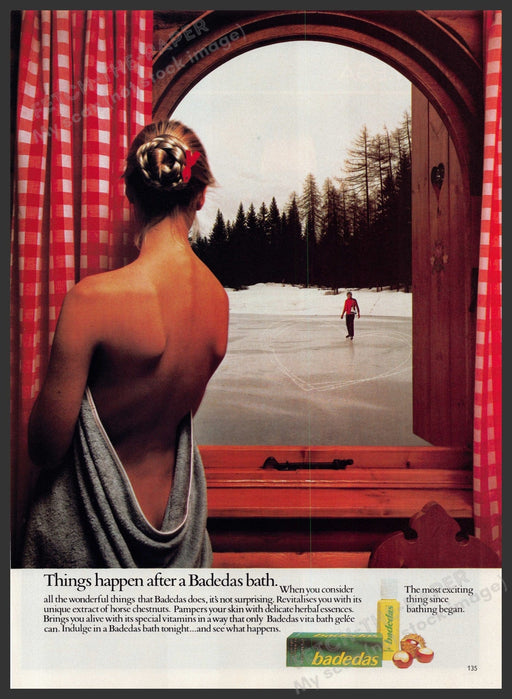 Badedas Bath Oil 1980s Print Advertisement Ad 1980 Ice Skating Bare Back Fetch-the-Paper