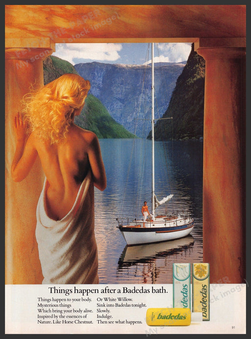 Badedas Bath Skin 1980s Print Advertisement Ad 1986 Woman in a Towel Sailboat Fetch-the-Paper