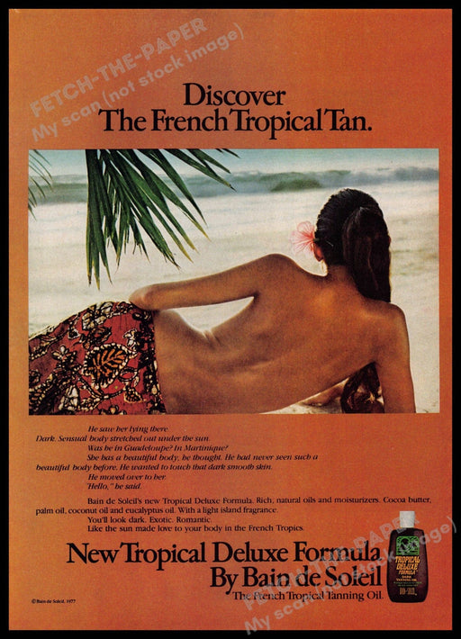 Bain de Soleil 1970s Print Advertisement 1977 French Tropical Tan Bare Back Bain de Soleil