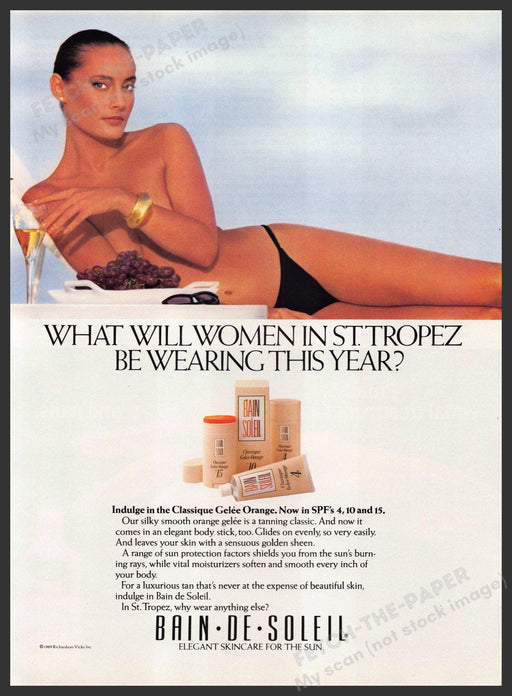 Bain de Soleil 1980s Print Advertisement 1989 St. Tropez Skin Bare Woman Bain de Soleil