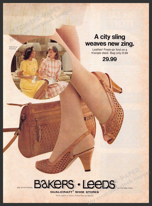 Bakers Leeds Shoes 1980s Print Ad 1982 Legs Weaved City Sling Fetch-the-Paper