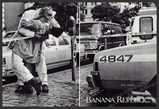 Banana Republic 1990s Print Ad (2 Pg) 1992 Couple "free souls" Police Line Fetch-the-Paper
