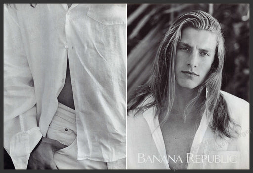 Banana Republic 1990s Print Advertisement (2 Page) 1993 Shane Model Long Hair Fetch-the-Paper