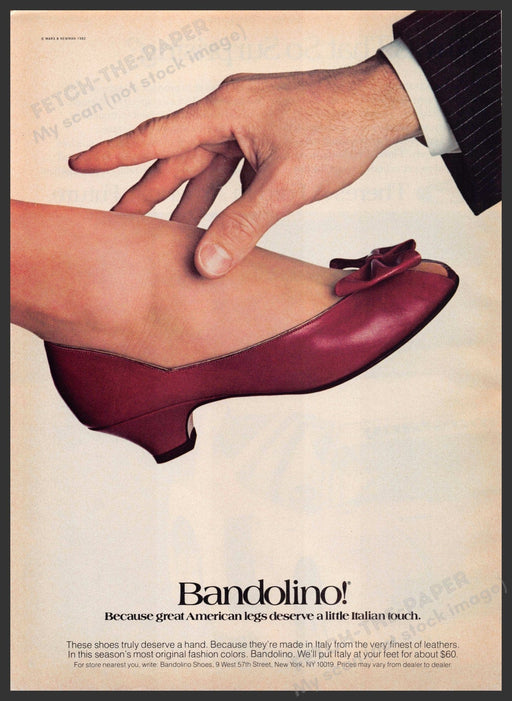 Bandolino Shoes 1980s Print Advertisement 1982 Leg Touching Foot Fetch-the-Paper