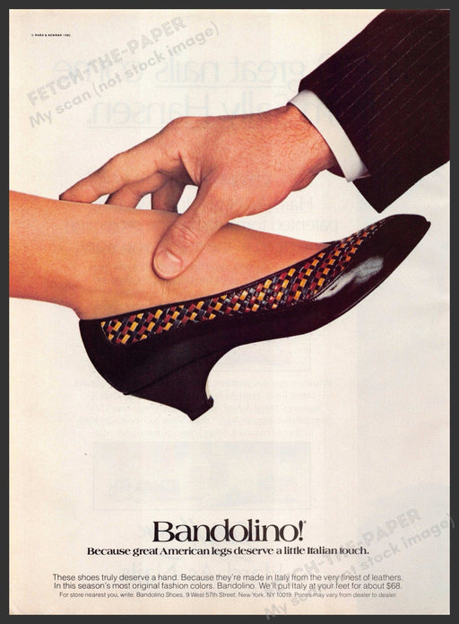 Bandolino Shoes 1980s Print Advertisement 1982 Touching the Foot Fetch-the-Paper