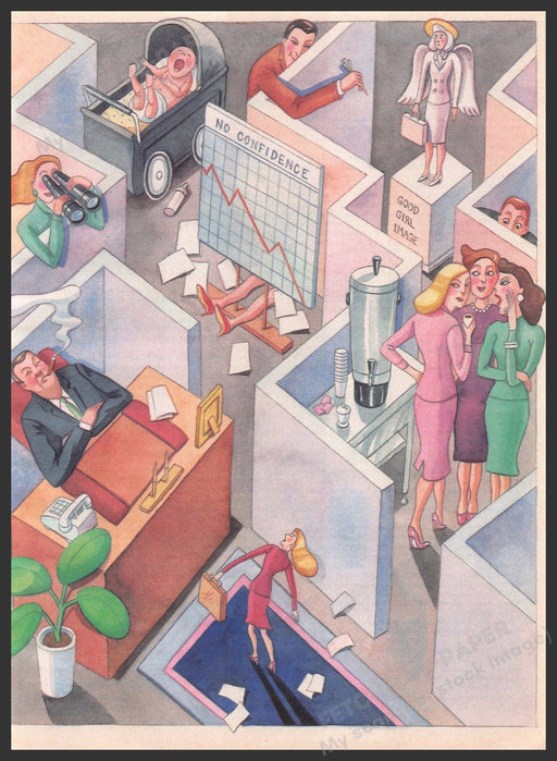 Barbara Samuels Artist 1980s Magazine Illustration 1987 "Career Stoppers" Office Barbara Samuels
