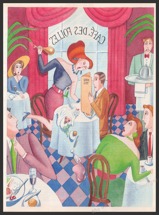 Barbara Samuels Artist 1980s Magazine Illustration 1989 "Drama Queen" Cafe Fight Barbara Samuels