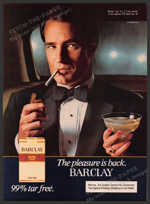 Barclay Cigarettes 1980s Print Advertisement 1983 Gentleman Limo Backseat Lady Fetch-the-Paper