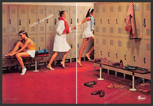 Bass Shoes 1980s Print Advertisement (2 page) 1982 Legs Girls Locker Room Fetch-the-Paper