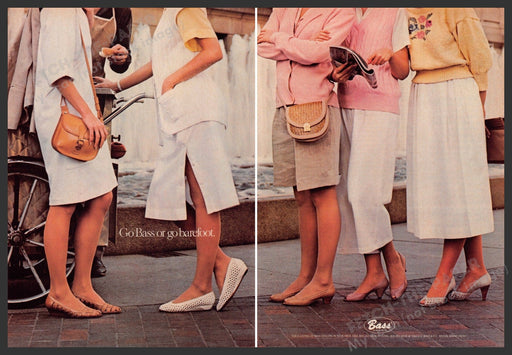 Bass Shoes 1980s Print Advertisement (2 page) 1984 Girls Legs Go Barefoot Fetch-the-Paper