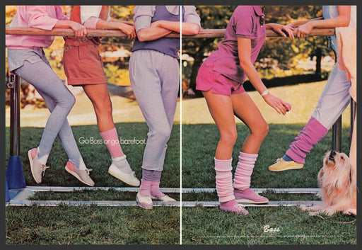 Bass Shoes 1980s Print Advertisement (2 page centerfold) 1984 Legs Ballet Bar Fetch-the-Paper