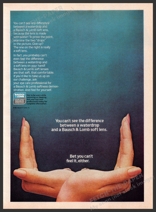 Bausch & Lomb 1980s Print Advertisement 1981 Eye Contacts Feel Difference Bausch & Lomb