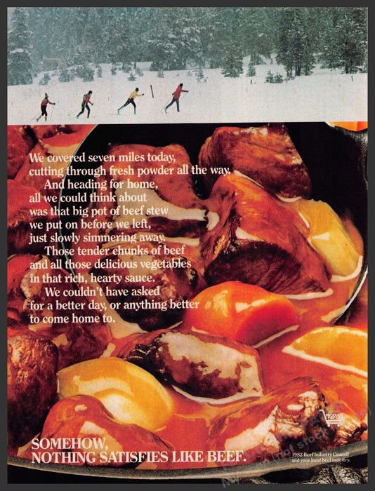Beef Industry 1980s Magazine Print Advertisement 1983 Cross Country Skiing Beef Industry