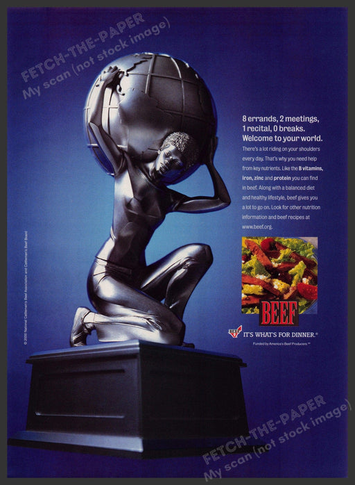 Beef "It's what's for dinner" 2000s Print Advertisement 2001 World on Shoulders Fetch-the-Paper