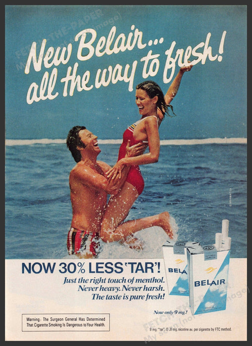 Belair Cigarettes 1970s Print Advertisement 1979 Couple Frolicking in the Ocean Fetch-the-Paper