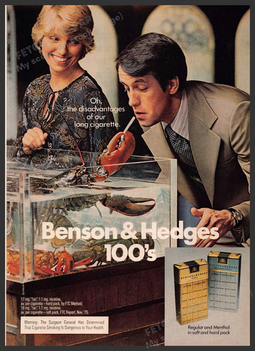 Benson & Hedges 100's 1970s Print Advertisement 1976 Cigarettes Lobster Tank Fetch-the-Paper