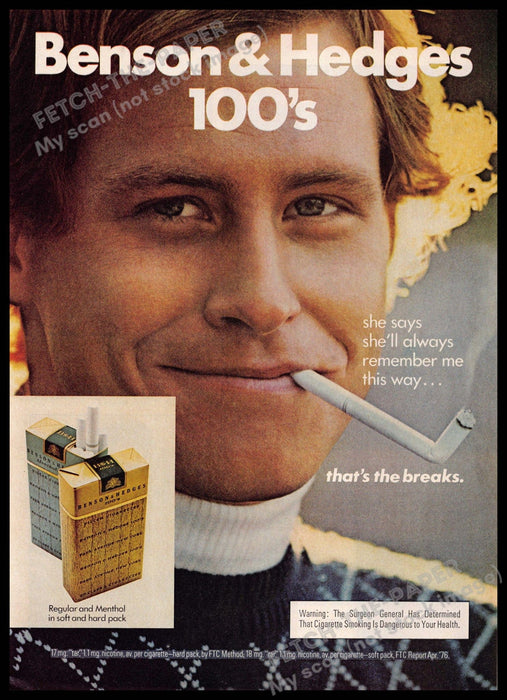 Benson & Hedges 100's 1970s Print Advertisement 1977 Guy Bent Cigarette Benson & Hedges