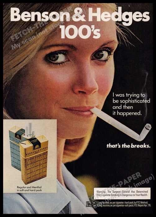 Benson & Hedges 100's 1970s Print Advertisement 1977 Woman Bent Cigarette Benson & Hedges
