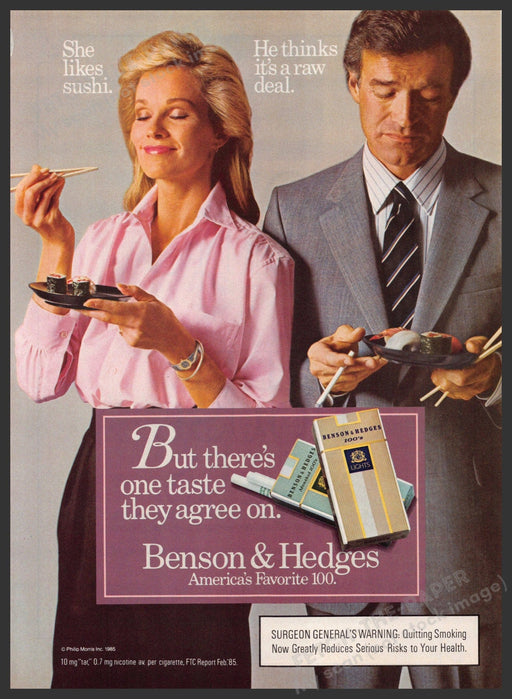 Benson & Hedges 100s 1980s Print Advertisement 1985 Couple Sushi & Raw Deal Benson & Hedges