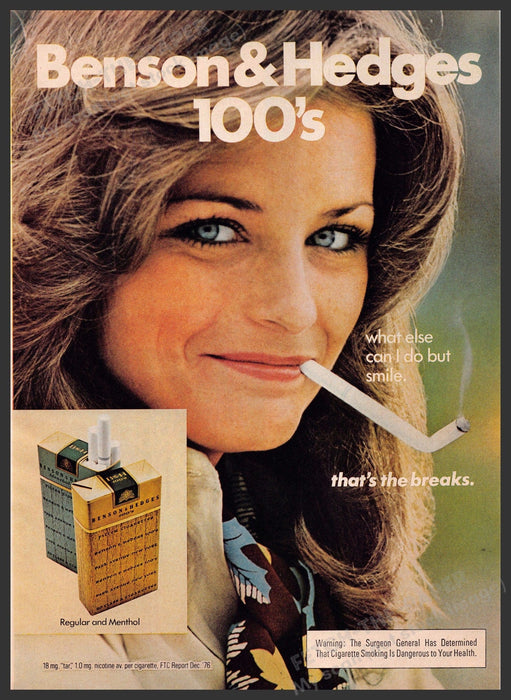 Benson & Hedges 1970s Print Advertisement 1977 Girl Bent Cigarette Breaks Fetch-the-Paper