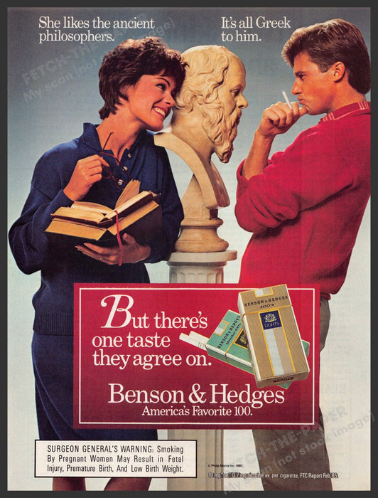 Benson & Hedges 1980s Magazine Print Advertisement 1986 Greek Philosophers Benson & Hedges