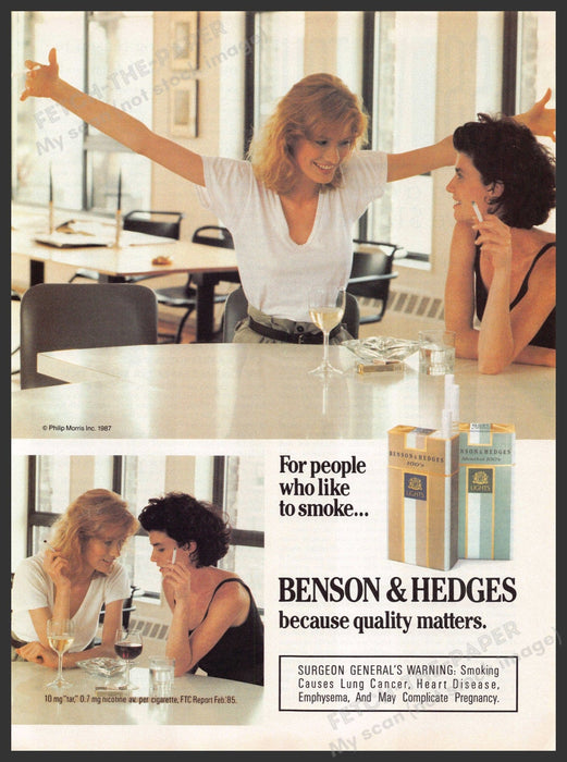 Benson & Hedges 1980s Print Advertisement Ad 1987 Friends Chatting Smoking Benson & Hedges