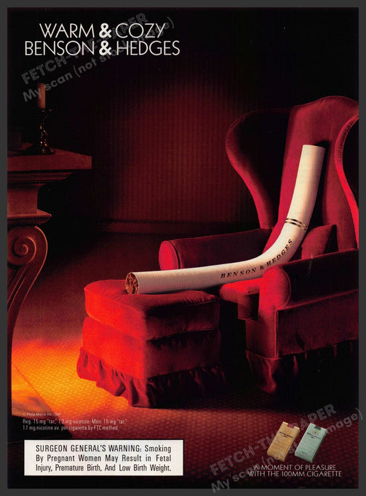 Benson & Hedges 1990s Print Advertisement Ad 1998 Cigarette Lounging by Fire Benson & Hedges