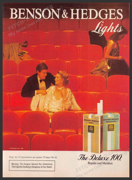 Benson & Hedges Cigarettes 1980s Print Advertisement 1984 Couple Woman Theater Fetch-the-Paper