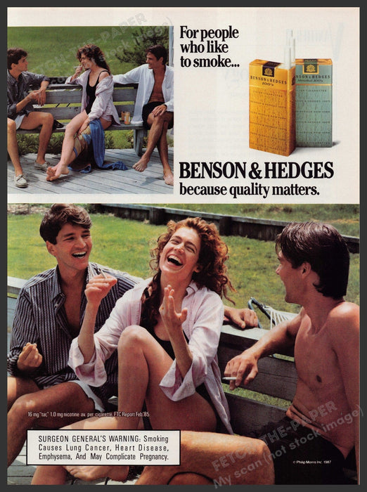 Benson & Hedges Cigarettes 1980s Print Advertisement Ad 1987 Friends Legs Fetch-the-Paper