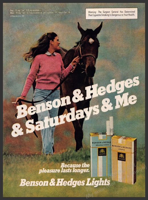 Benson & Hedges Lights 1980s Print Advertisement 1981 Girl with her Horse Benson & Hedges
