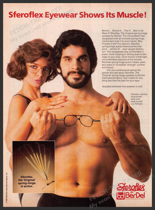 BerDel Eyewear Lou Ferrigno 1980s Print Advertisement 1984 Hulk Muscles Fetch-the-Paper