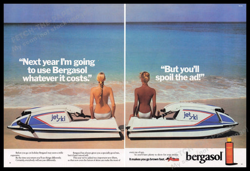 Bergasol Sun Tanning Lotion1980s Print Advertisement (2 pgs) 1982 Bare Jet Skis Fetch the Paper!