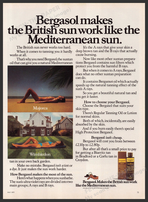 Bergasol Sun Tanning Products 1970s Print Advertisement Ad 1977 Girl Sunbathing Fetch-the-Paper