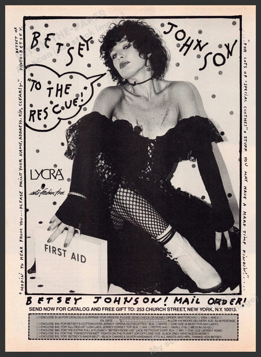 Betsey Johnson 1980s Print Advertisement 1982 "To the rescue" Fetch-the-Paper